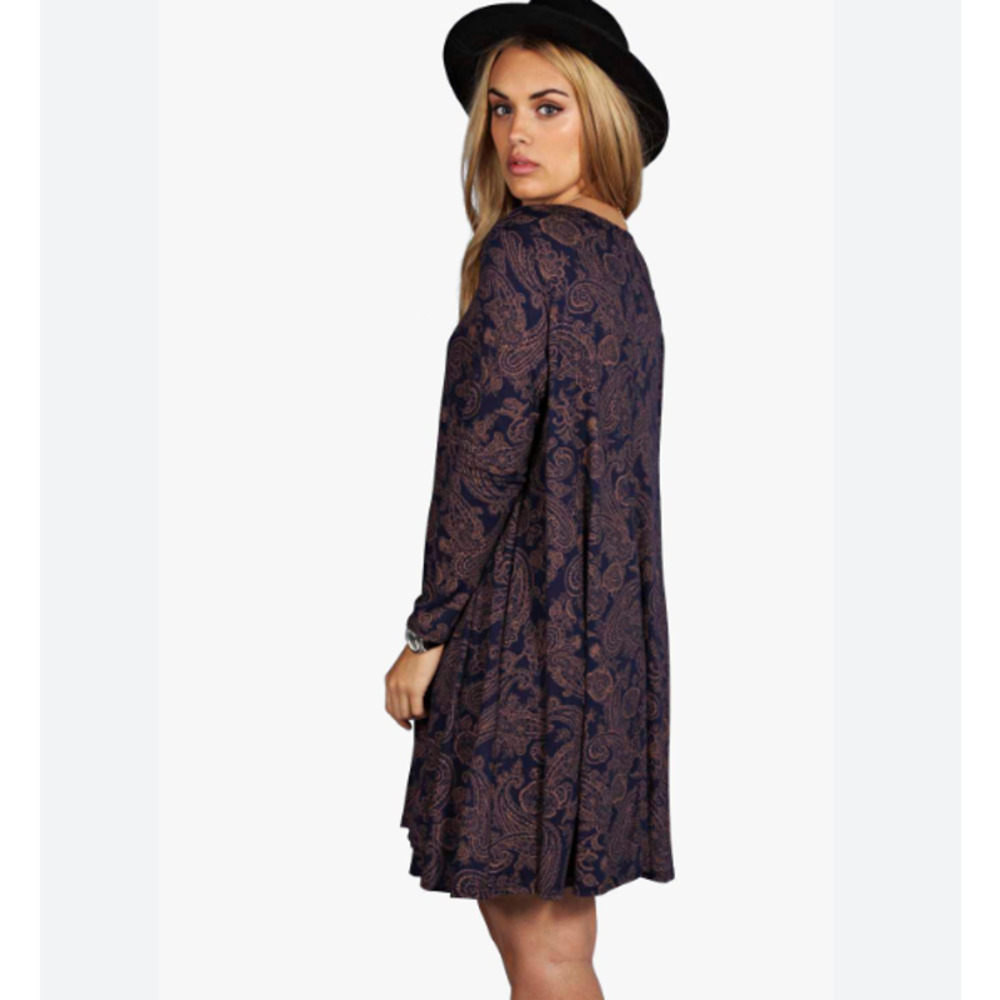 Boohoo | Navy & Cinnamon Paisley-Print Long Sleeve Swing Dress